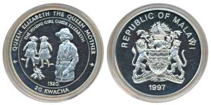 Malawi, Silver 20 Kwacha, 31.7g, 1997, The Queen Mother, obv. Crest of Malawi; rev. Older 