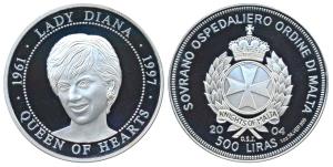 Malta, Silver 500 Liras, 2004, Champions for Peace series, Lady Diana. Proof, In plastic c