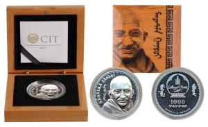 Mongolia, Silver 1000 Togrog, 31.1g, 2020, Mahatma Gandhi, Revolutionaries Series, obv. Em