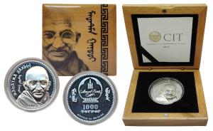 Mongolia, Silver 1000 Togrog, 31.1g, 2020, Mahatma Gandhi, Revolutionaries Series, obv. Em