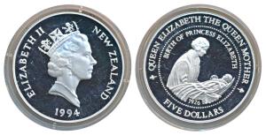 New Zealand, Elizabeth II, Silver 5 Dollars, 31.4g, 1994, Birth of Princess Elizabeth 1926