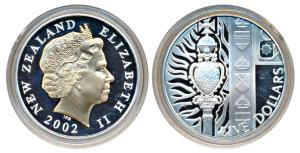 New Zealand, Elizabeth II, Silver 5 Dollars, 28.2g, 2002, Queen’s Golden Jubilee, Royal Sc