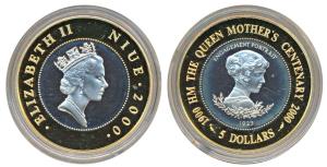 Niue, Elizabeth II, Silver 5 Dollars, 28.4g, 2000, The Queen Mother Centenary Series - Eng