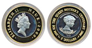 Niue, Elizabeth II, Gold plated Silver 5 Dollars, 28.4g, 2000, The Queen Mother Centenary 