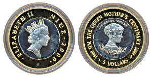 Niue, Elizabeth II, Gold plated silver, 5 Dollars, 28.4g, 2000, The Queen Mother Centenary