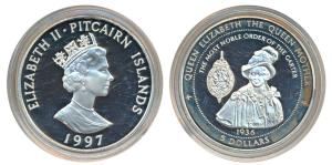 Pitcairn Islands, Elizabeth II, Silver 5 Dollars, 31.5g, 1997, The Queen Mother, obv. Crow