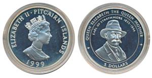 Pitcairn Islands, Elizabeth II, Silver 5 Dollars, 28.2g, 1999, obv. Bust of Queen Elizabet
