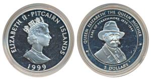 Pitcairan Islands, Elizabeth II, Silver 5 Dollars, 28.2g, 1999, obv. Bust of Queen Elizabe