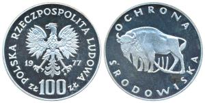 Poland, Silver 100 Zlotych, 16.5g, 1977, Environmental Protection- Buffalo, obv. Eagle abo