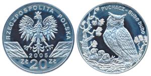 Poland, Silver 20 Zlotych, 28.28g, 2005, World Animals series, Eurasian Eagle-owl (Bubo bu