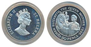 Saint Helena, Elizabeth II, Silver 50 Pence, 28.2g, 1995, 95th Anniversary of the Birth of