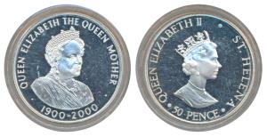 Saint Helena, Silver 50 Pence, 28.2g, 2000, 100th Anniversary of the Birth of the Queen Mo