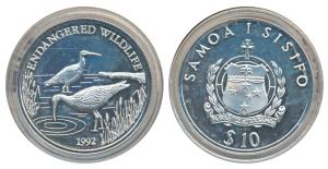 Samoa, Silver 10 Tala, 31.3g, 1992, Endangered Wildlife Series, obv. National arms; rev. P