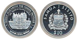 Samoa, Silver 10 Tala, 31.47g, 1994, The Life of the Queen Mother Series, obv. Crest and v