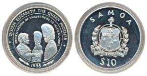 Samoa Silver 10 Tala, 31.6g, 1996, The Life of the Queen Mother Series, obv. Crest and val