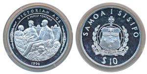 Samoa, Silver 10 Tala, 31.4g, 1996, The Victorian Age, obv. National arms of Samoa, value 