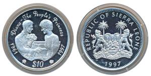 Sierra Leone, Silver 10 Dollars, 28.2g, 1997, Diana-The People’s Princess, Aid’s Campaign.