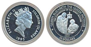 Solomon Islands, Elizabeth II, Silver 10 Dollars, 28.2g, 1995, Coronation of the Queen Mot