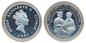 Tuvalu, Silver 5 Dollars, 31.5g, 1997, Honorary degree for the Queen Mother, obv. Bust of 