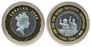 Tokelau, Elizabeth II, Silver 5 Tala, 28.1g, with a gold plated outer ring, 2000, 100th Bi