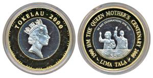 Tokelau, Elizabeth II, Silver 5 Tala, 28.1g, with a gold plated outer ring, 2000, 100th Bi