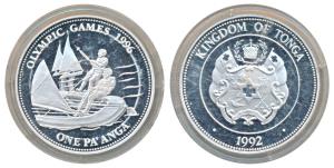 Tonga, Silver 1 Pa’anga, 31.4g, 1992, 1996 Atlanta Summer Olympics, obv. Coat of arms of T