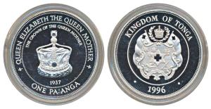 Tonga, Silver 1 Pa?anga, 31.4g, 1996, Queen Mother’s Crown, The Life of the Queen Mother S