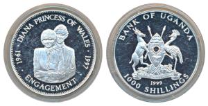 Uganda, Silver 1000 Shillings, 31.5g, 1999, Lady Diana and Prince Charles Engagement, obv.