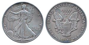 United States of America, Silver Dollar, 31.1g, 1991, Walking Liberty, (KM 273). Extremely
