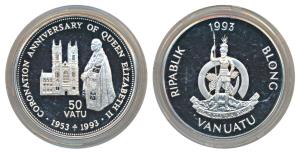 Vanuatu, Silver 50 Vatu, 31.4g, 1993, Coronation Anniversary of Queen Elizabeth II, obv. T