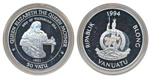 Vanuata, Silver 50 Vatu, 31.4g, 1994, Queen Elizabeth the Queen Mother, obv. The arms of V