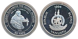 Vanuatu, Silver 50 Vatu, 31.4g, 1994, Queen Elizabeth the Queen Mother, obv. The arms of V
