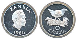 Zambia, Silver 10 Kwacha, 27.2g, 1986, Whitewinged Flufftail (KM 25). Proof.