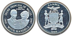 Zambia, Silver 5000 Kwacha, 31.1g, 1999, Princess Diana and Nelson Mandela, obv. Coat of a