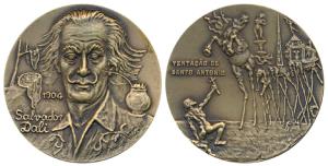 Salvador Dali, Bronze Medallion, 137g, obv. portrait of Dali with date 1904, rev. his famo