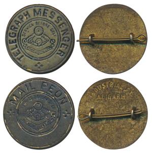 India Post, Copper Badges, circa 1950’s, two different, Mail Peon and Telegraph Messenger,
