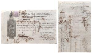 Bank of Bengal, share certificate of 4000 Company Rupees, July 1874 (dated on the back), w