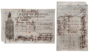 Bank of Bengal, one “B. Stock" share of 5000 Company Rupees, July 1864 (dated on the back)