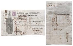 Bank of Bengal, one share of 1000 Government Rupees, January 1875 (dated on the front). Wi