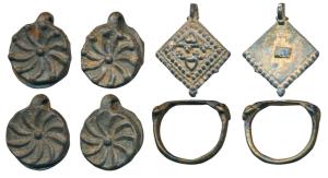 Pendants, Lead (3) from riverbed but of uncertain period, together with one ring (100-300 