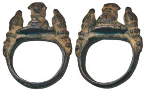 Copper Ring, 10.52g, depicting recumbent seated bull with two rudrakshas on each side. A r