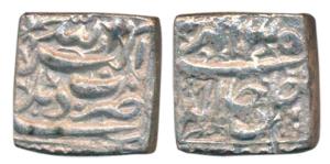 Akbar, Silver Square Rupee, 10.79g, Delhi Mint, Ilahi type, obv. legend Allahu Akbar, with