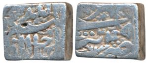 Akbar, Silver Square Rupee, 11.12g, Tatta Mint, Ilahi type, Month Mihr, Year 49 (KM 88.7).