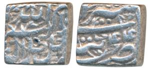 Akbar, Silver Square Rupee, 11.27g, Tatta Mint, Ilahi type, Month Tir, Year 44 (KM 88.7). 