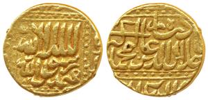Akbar, Gold Token, stylization that of a Mohur, 10.86g, Kalima type (KM.108). Very Fine, R