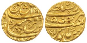 Farrukhsiyar, Gold Mohur, 10.93g, Dar us-Sultanate Lahore Mint, AH 1128/5 (KM 390.20). Abo