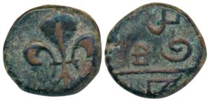 Pondicherry Mint, Copper Doudou, 4g, obv. fleur-de-lis, rev. mint name in Tamil (KM 35). V