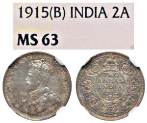 George V, Silver 2 Annas, 1915, Bombay Mint. Graded by NGC MS63.