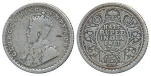 George V, Silver ½ Rupee, 1911, Calcutta Mint, (Prid 318). Very Fine, Very Rare.