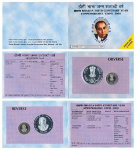 2009 Proof Set, Homi Bhabha Birth Centenary, set of Rupees 10 (bi-metal) and 100. In immac